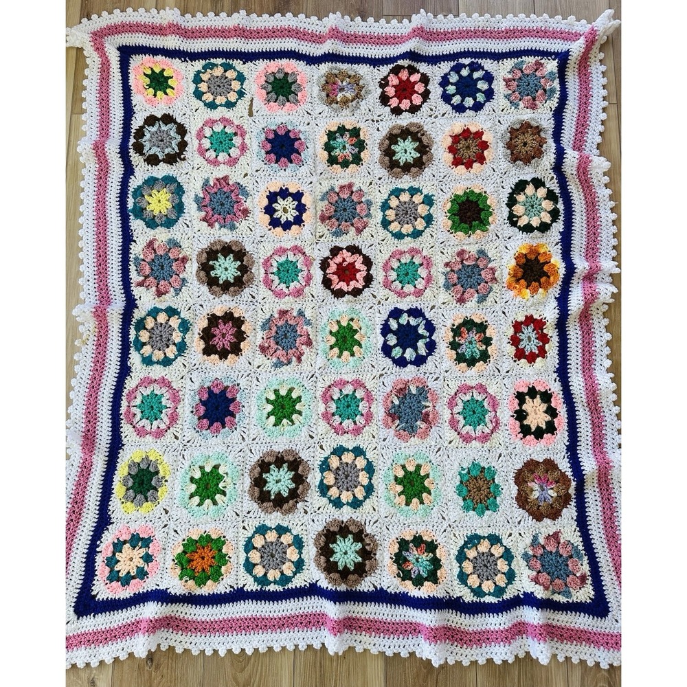VTG Handmade Granny Square Crochet Afghan Throw Floral Lap Blanket 54x44 Boho - Picture 2 of 12